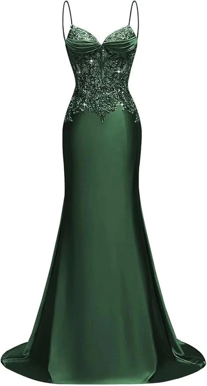 Long Silk Satin Mermaid Lace Beaded Prom Dresses for Women