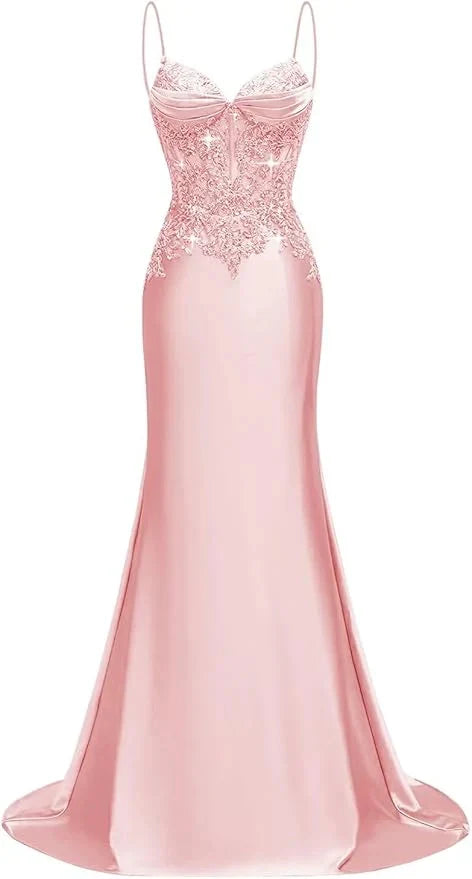 Long Silk Satin Mermaid Lace Beaded Prom Dresses for Women