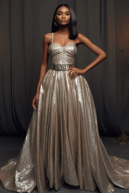 Long Silver Sequin Prom Gown