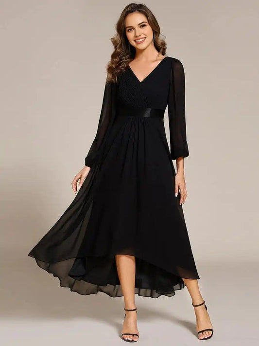 Long Sleeve A Line Chiffon Pleated Asymmetrical Hem Formal Dress Mother Of The Bride Dresses