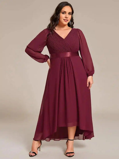 Long Sleeve A Line Chiffon Pleated Asymmetrical Hem Formal Dress Mother Of The Bride Dresses