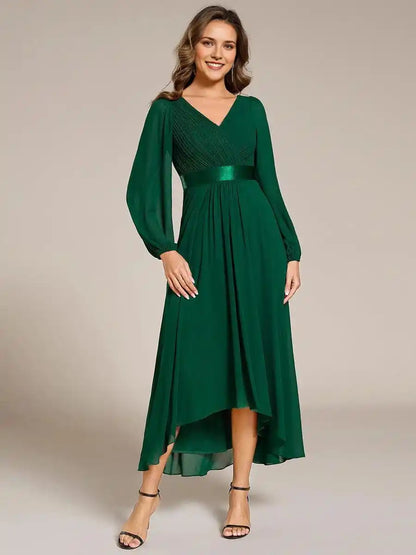 Long Sleeve A Line Chiffon Pleated Asymmetrical Hem Formal Dress Mother Of The Bride Dresses