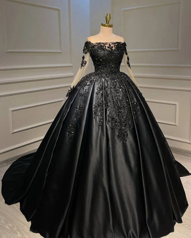 Long Sleeve Ball Gown Lace Appliques Plus Size Satin Wedding Dresses UK