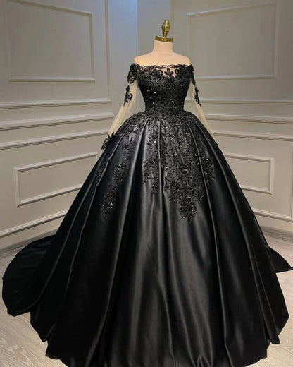 Long Sleeve Ball Gown Lace Appliques Plus Size Satin Wedding Dresses UK