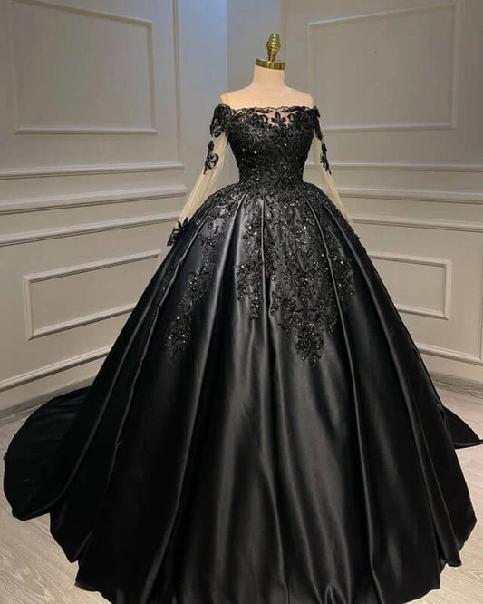 Long Sleeve Ball Gown Lace Appliques Plus Size Satin Wedding Dresses UK