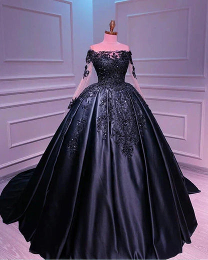 Long Sleeve Ball Gown Lace Appliques Plus Size Satin Wedding Dresses UK