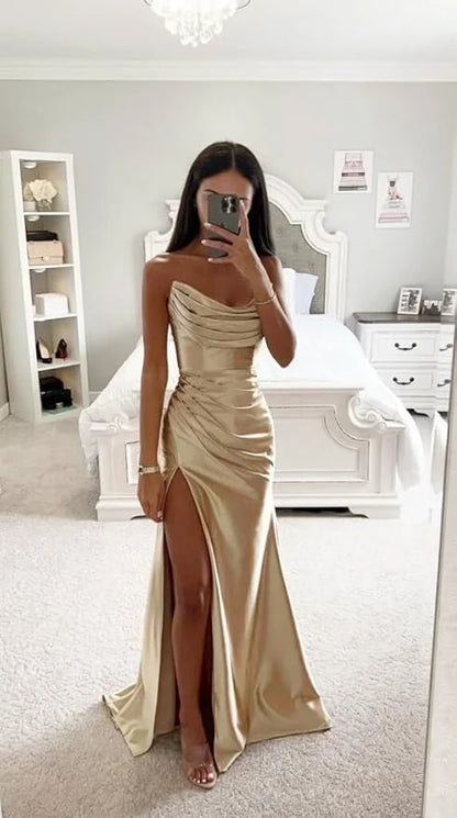 Long Strapless Prom Dresses with Slit Satin Formal Dresses for Women