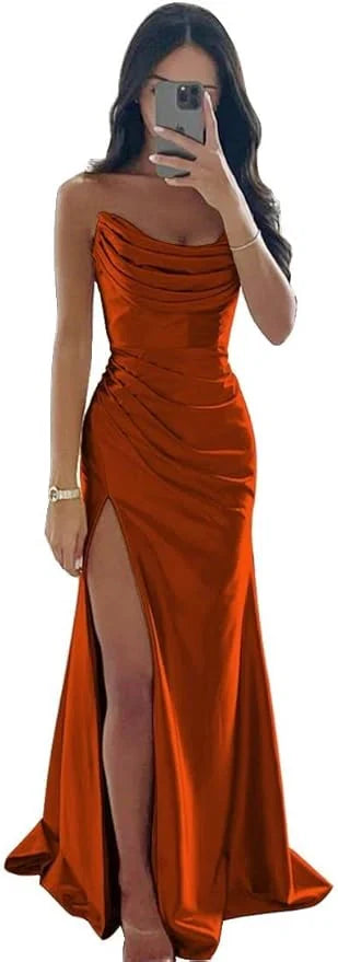 Long Strapless Prom Dresses with Slit Satin Formal Dresses for Women