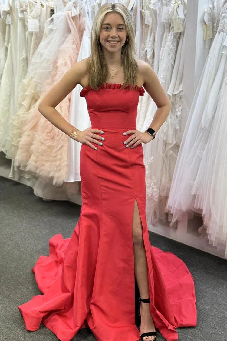 Long Strapless Red Satin Dress for Prom Mermaid with Slit