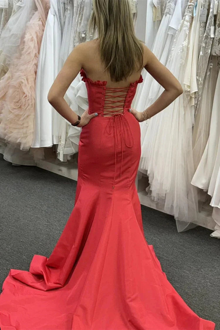Long Strapless Red Satin Dress for Prom Mermaid with Slit