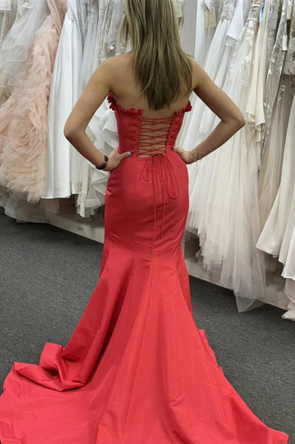 Long Strapless Red Satin Dress for Prom Mermaid with Slit