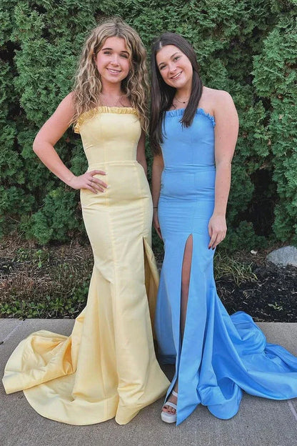 Long Strapless Red Satin Dress for Prom Mermaid with Slit
