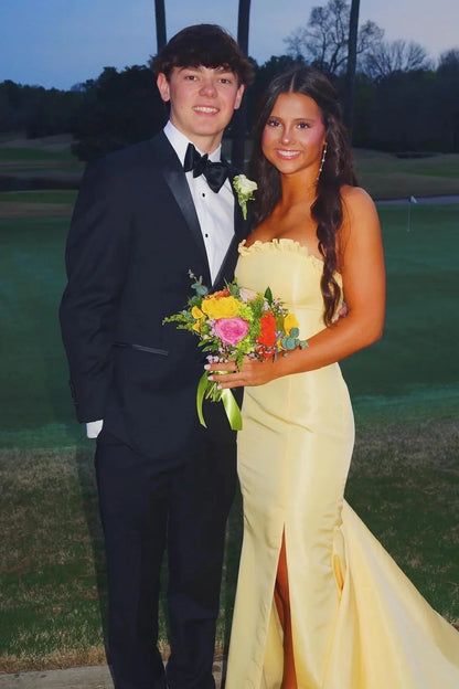 Long Strapless Red Satin Dress for Prom Mermaid with Slit