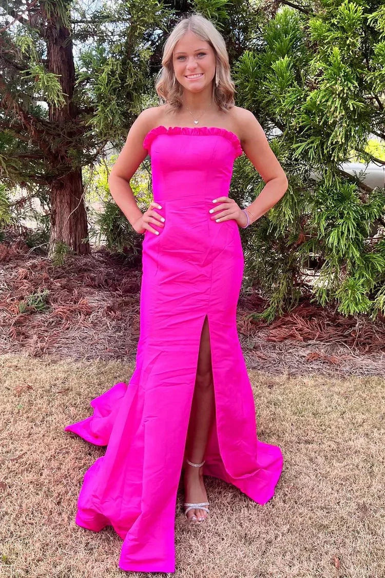 Long Strapless Red Satin Dress for Prom Mermaid with Slit