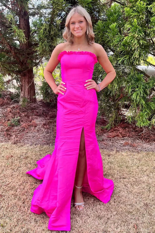 Long Strapless Red Satin Dress for Prom Mermaid with Slit