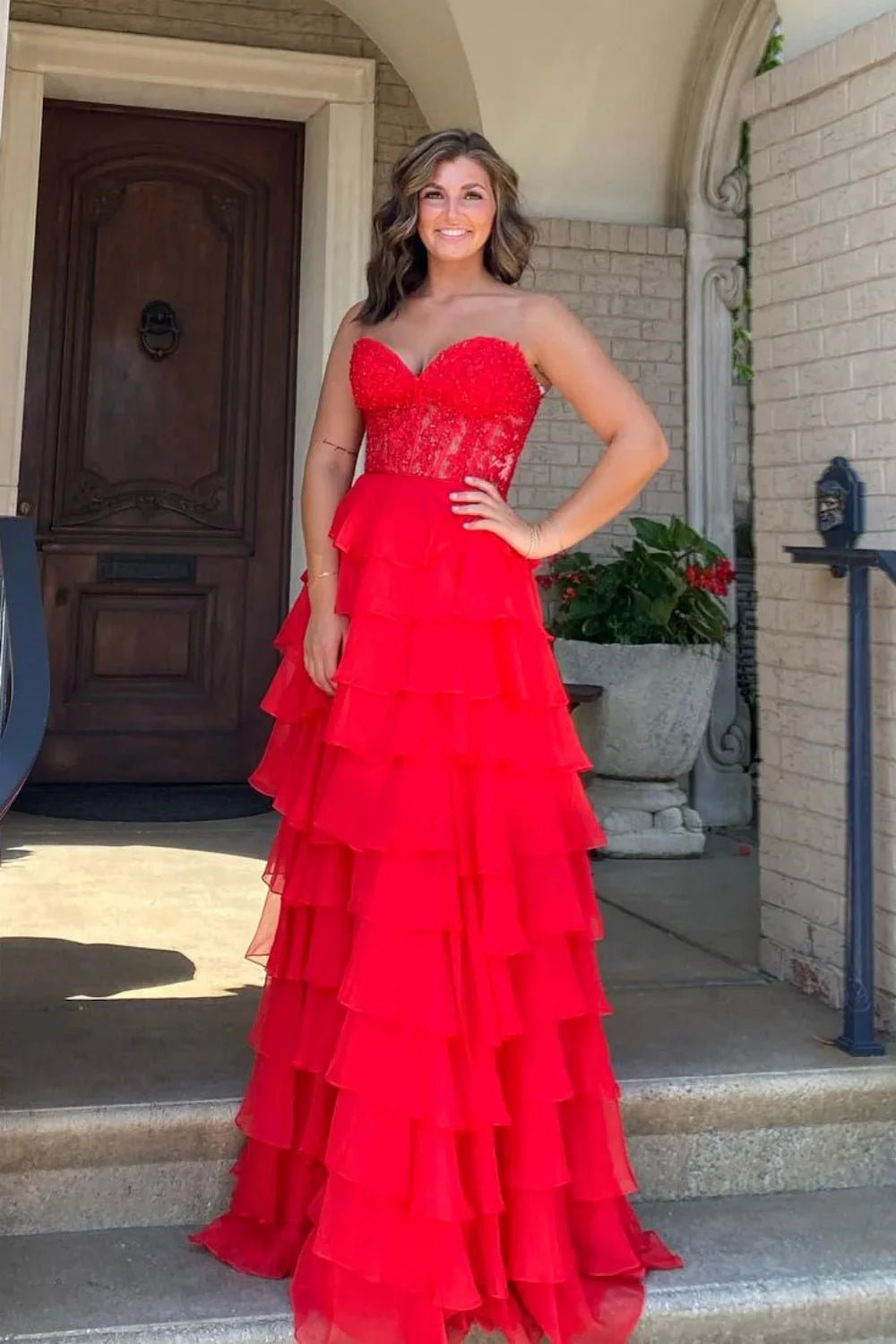 Long Tiered Pink Formal Dresses Corset Lace Prom Dress A-Line
