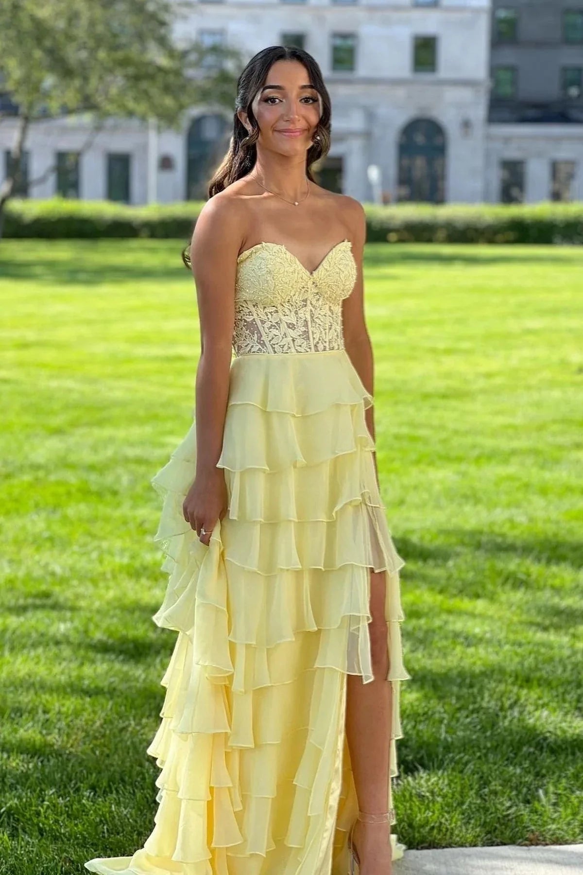 Long Tiered Pink Formal Dresses Corset Lace Prom Dress A-Line