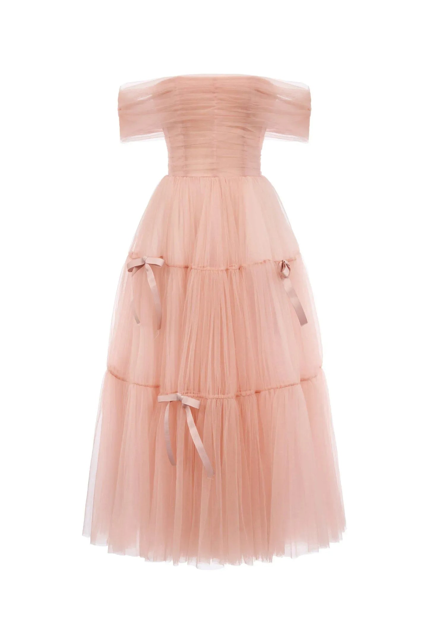 Lovely A-Line Off-the-Shoulder Tiered Tulle Blush Pink Midi Prom Dress With Bow