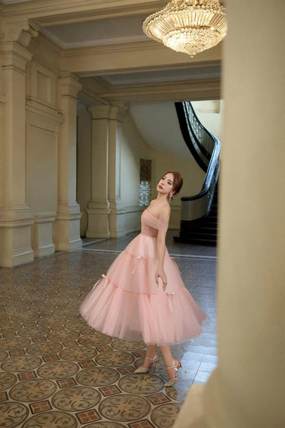 Lovely A-Line Off-the-Shoulder Tiered Tulle Blush Pink Midi Prom Dress With Bow