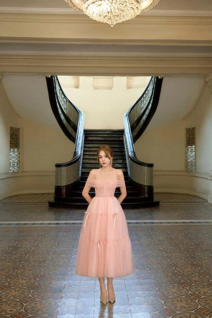 Lovely A-Line Off-the-Shoulder Tiered Tulle Blush Pink Midi Prom Dress With Bow