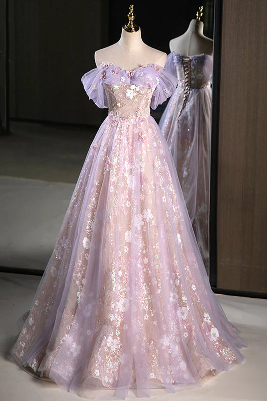 Lovely A-Line Off the Shoulder Dropped Shoulder Sleeves Lace Up Floor-Length Prom Dress