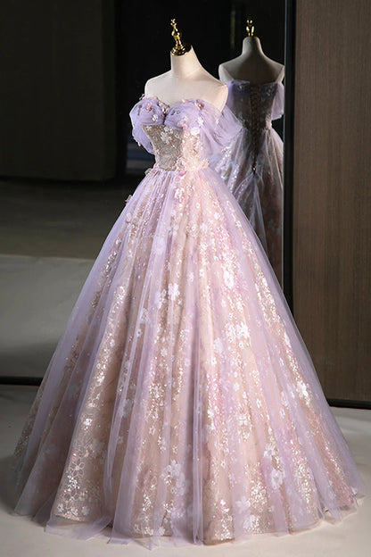 Lovely A-Line Off the Shoulder Dropped Shoulder Sleeves Lace Up Floor-Length Prom Dress