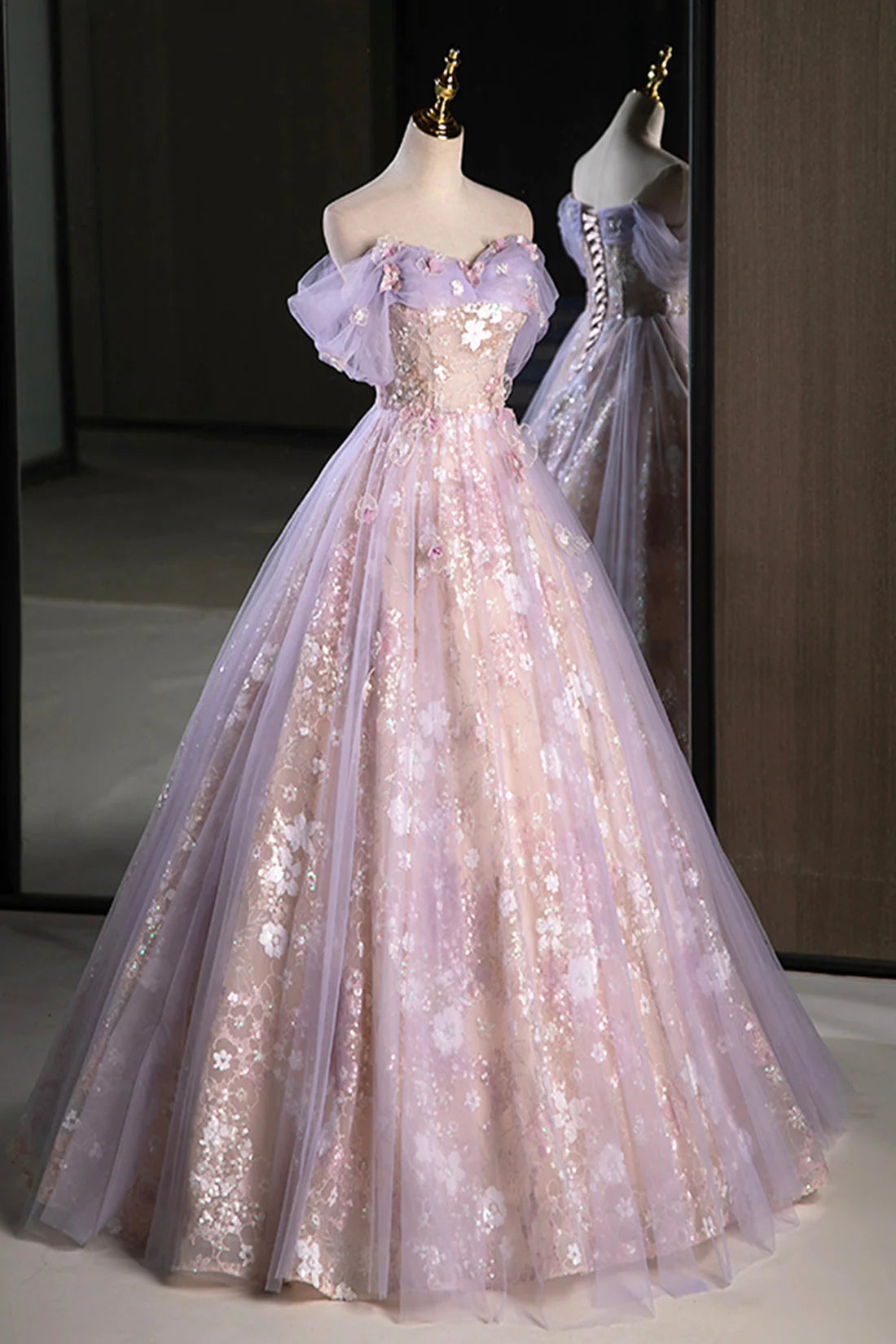 Lovely A-Line Off the Shoulder Dropped Shoulder Sleeves Lace Up Floor-Length Prom Dress