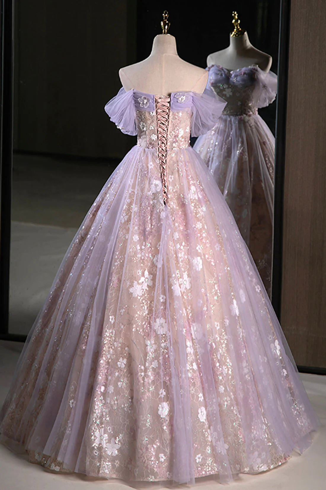 Lovely A-Line Off the Shoulder Dropped Shoulder Sleeves Lace Up Floor-Length Prom Dress