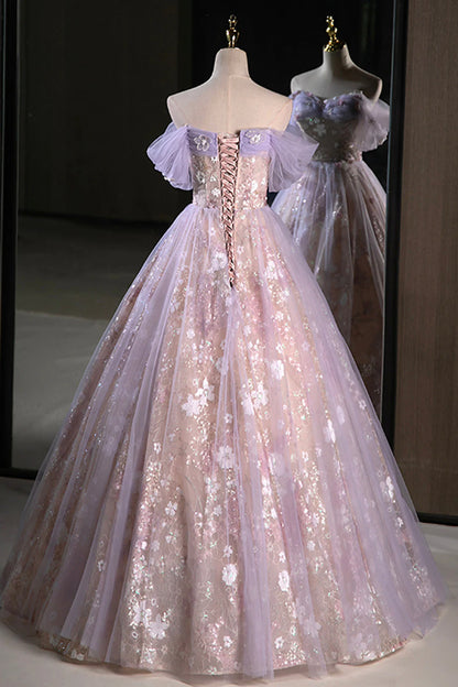 Lovely A-Line Off the Shoulder Dropped Shoulder Sleeves Lace Up Floor-Length Prom Dress