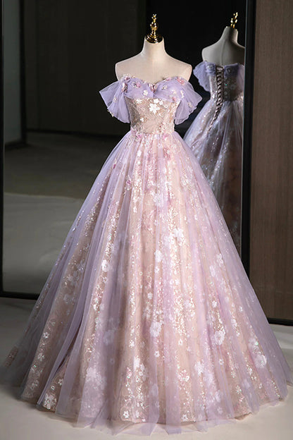 Lovely A-Line Off the Shoulder Dropped Shoulder Sleeves Lace Up Floor-Length Prom Dress
