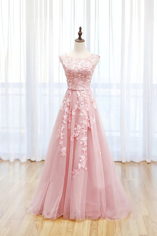Lovely A-Line Scoop-Neck Sleeveless Open Back Floor-Length Prom Dress