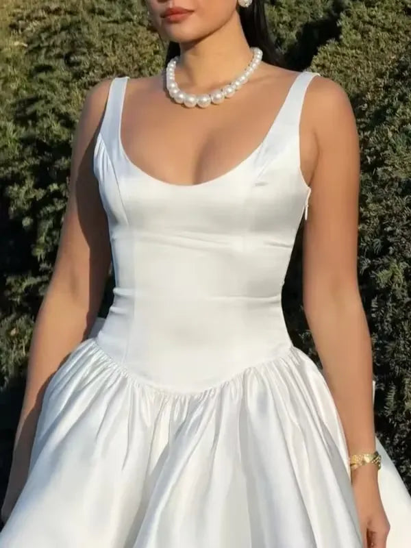 Lovely A-Line Scoop Strap Big Bow Ruffled Satin White Mini Homecoming Dress Custom