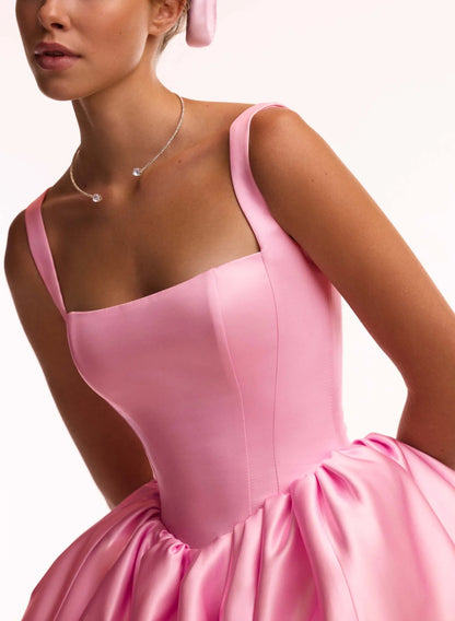 Lovely A-Line Square Neckline Corset Satin Pink Short Homecoming Dress With Bubble Hem