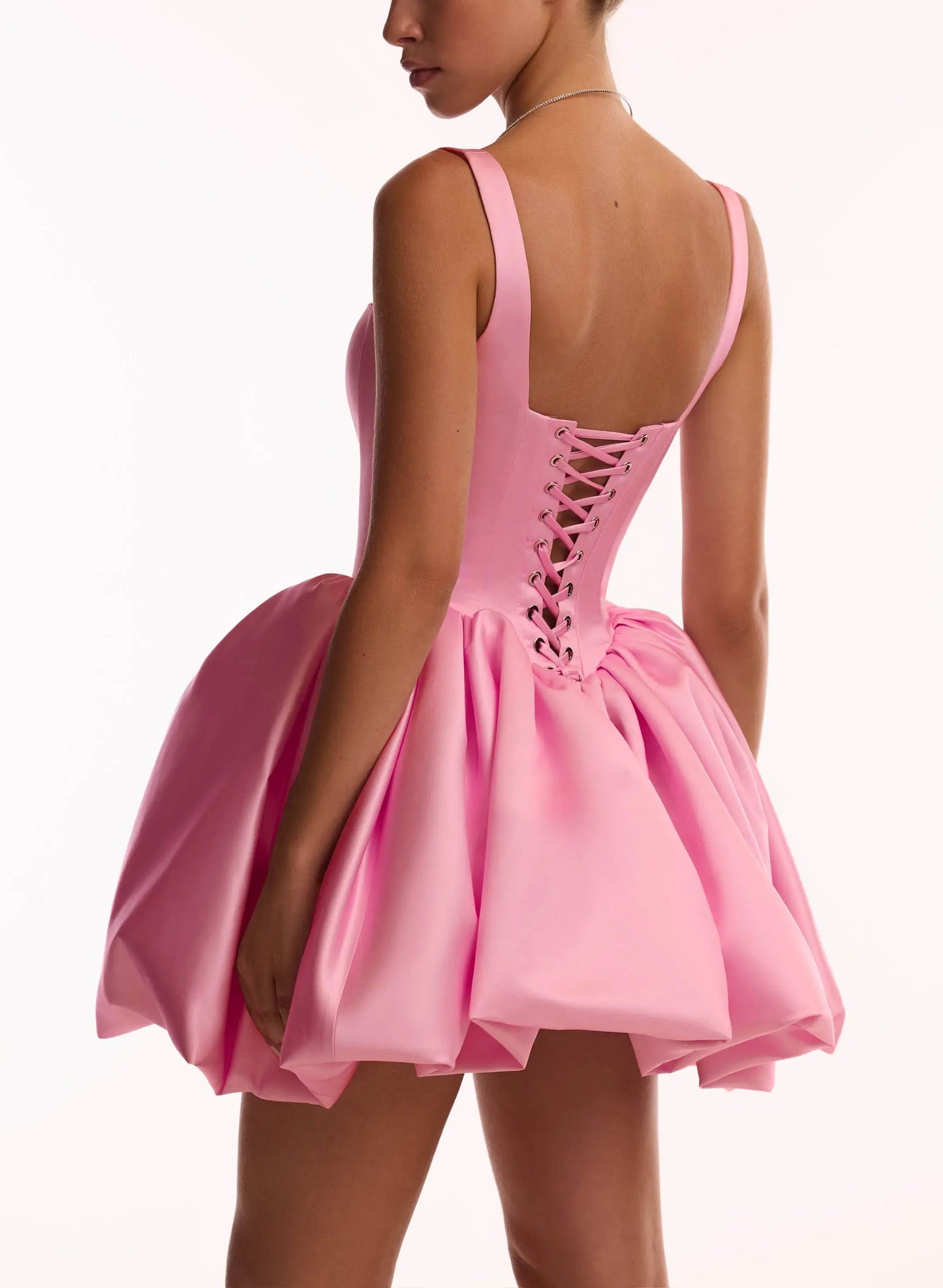 Lovely A-Line Square Neckline Corset Satin Pink Short Homecoming Dress With Bubble Hem