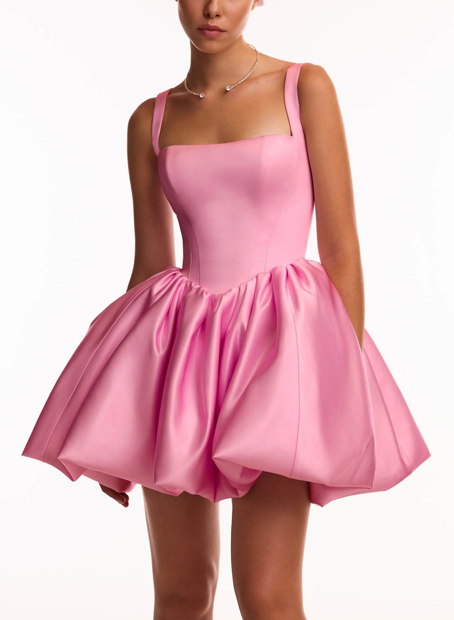 Lovely A-Line Square Neckline Corset Satin Pink Short Homecoming Dress With Bubble Hem
