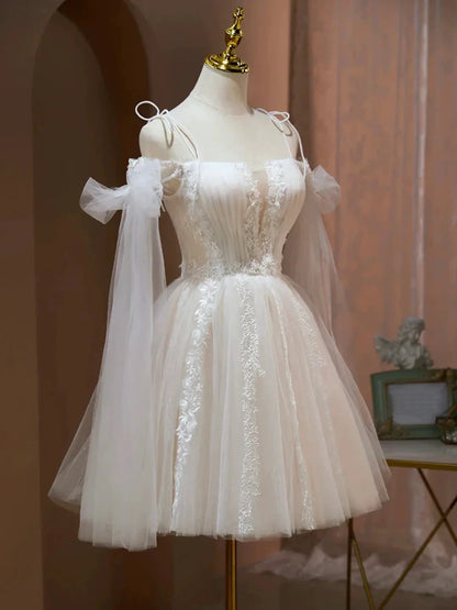 Lovely A-Line Tulle Lace Knee Length Prom Dress Ivory Off the Shoulder Party Dress