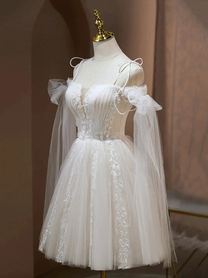 Lovely A-Line Tulle Lace Knee Length Prom Dress Ivory Off the Shoulder Party Dress