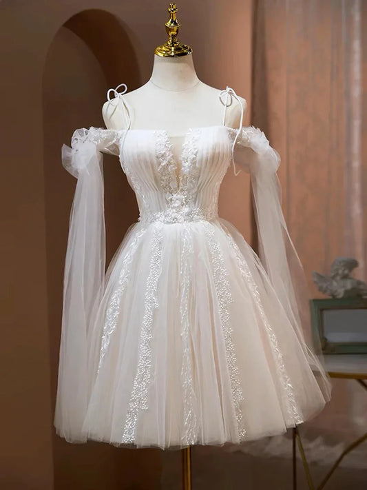 Lovely A-Line Tulle Lace Knee Length Prom Dress Ivory Off the Shoulder Party Dress
