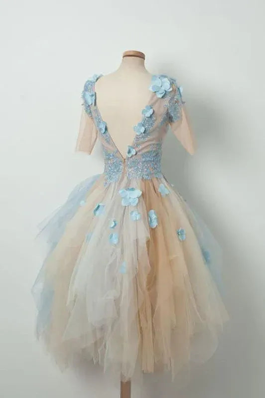 Lovely A-Line V-Neck Short Sleeve Applique Tulle Homecoming Dress With Asymmetrical Hem