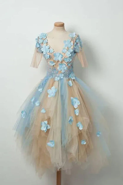 Lovely A-Line V-Neck Short Sleeve Applique Tulle Homecoming Dress With Asymmetrical Hem