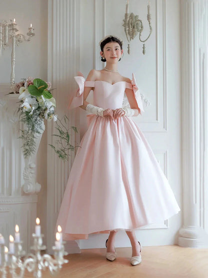Lovely Satin Tea Length Prom Dress Pink Off the Shoulder Evening Party Dress with Bows