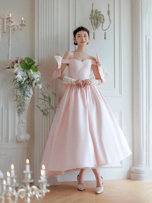 Lovely Satin Tea Length Prom Dress Pink Off the Shoulder Evening Party Dress with Bows