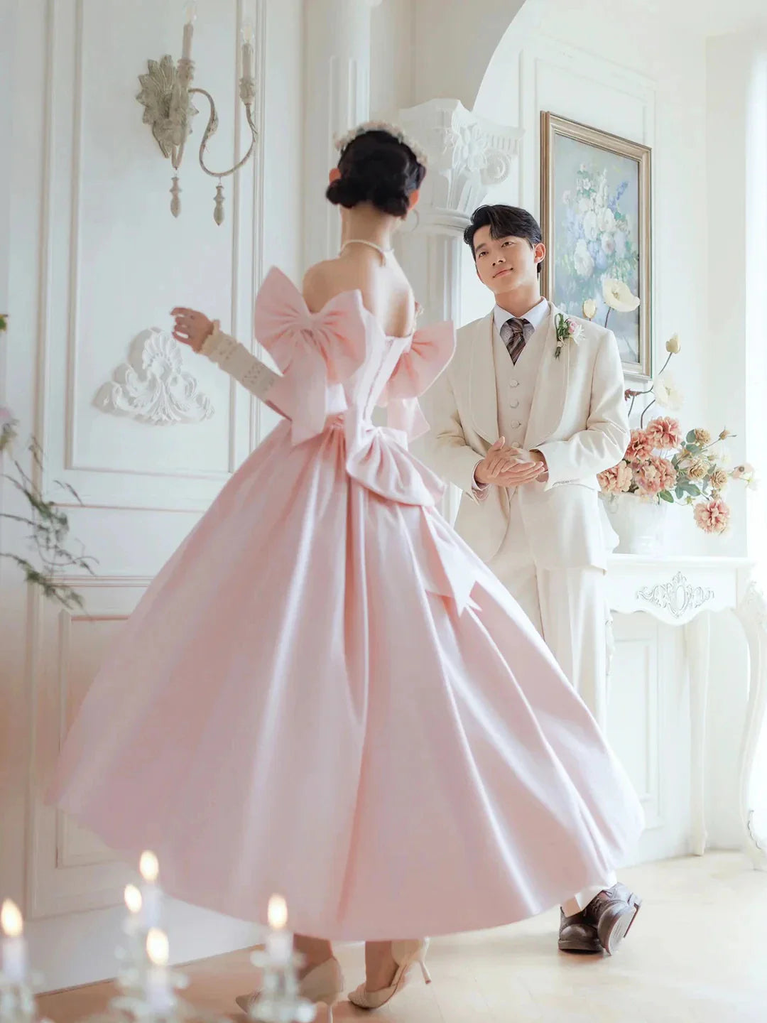 Lovely Satin Tea Length Prom Dress Pink Off the Shoulder Evening Party Dress with Bows