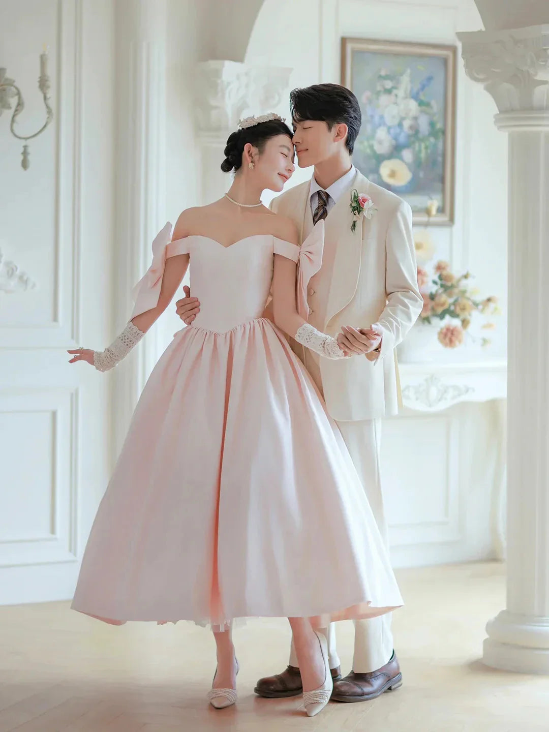 Lovely Satin Tea Length Prom Dress Pink Off the Shoulder Evening Party Dress with Bows