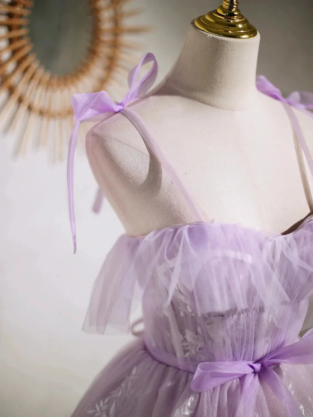 Lovely Spaghetti Strap Tulle Lace Short Prom Dress Lavender A-Line Party Dress