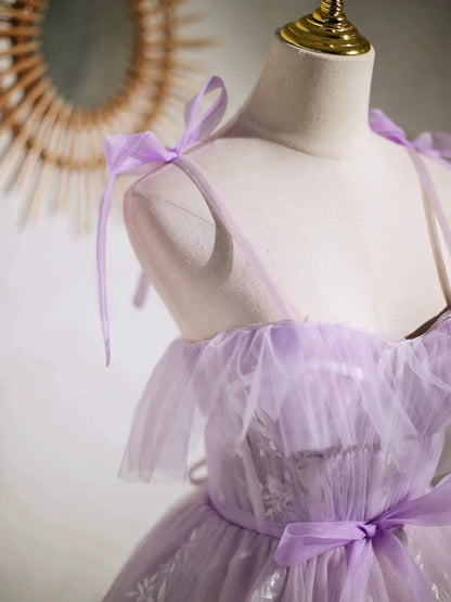Lovely Spaghetti Strap Tulle Lace Short Prom Dress Lavender A-Line Party Dress