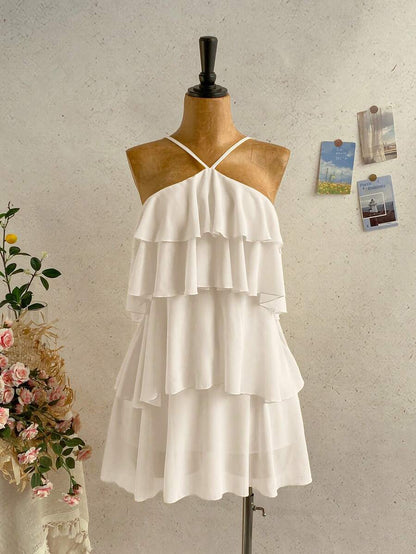 Lovely A-Line Halter Neck Tiered Ruffled Backless White Mini Homecoming Dresses