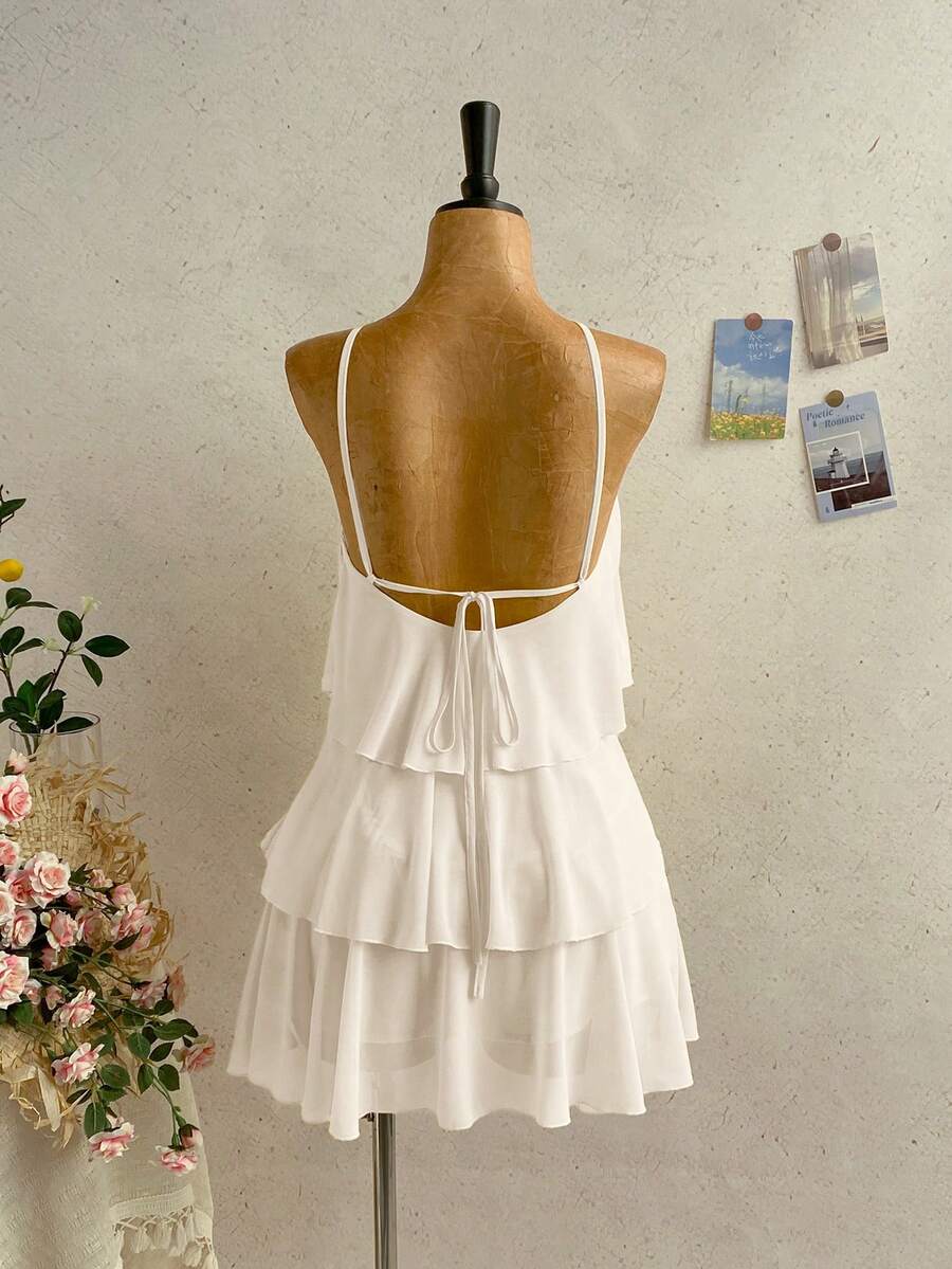 Lovely A-Line Halter Neck Tiered Ruffled Backless White Mini Homecoming Dresses