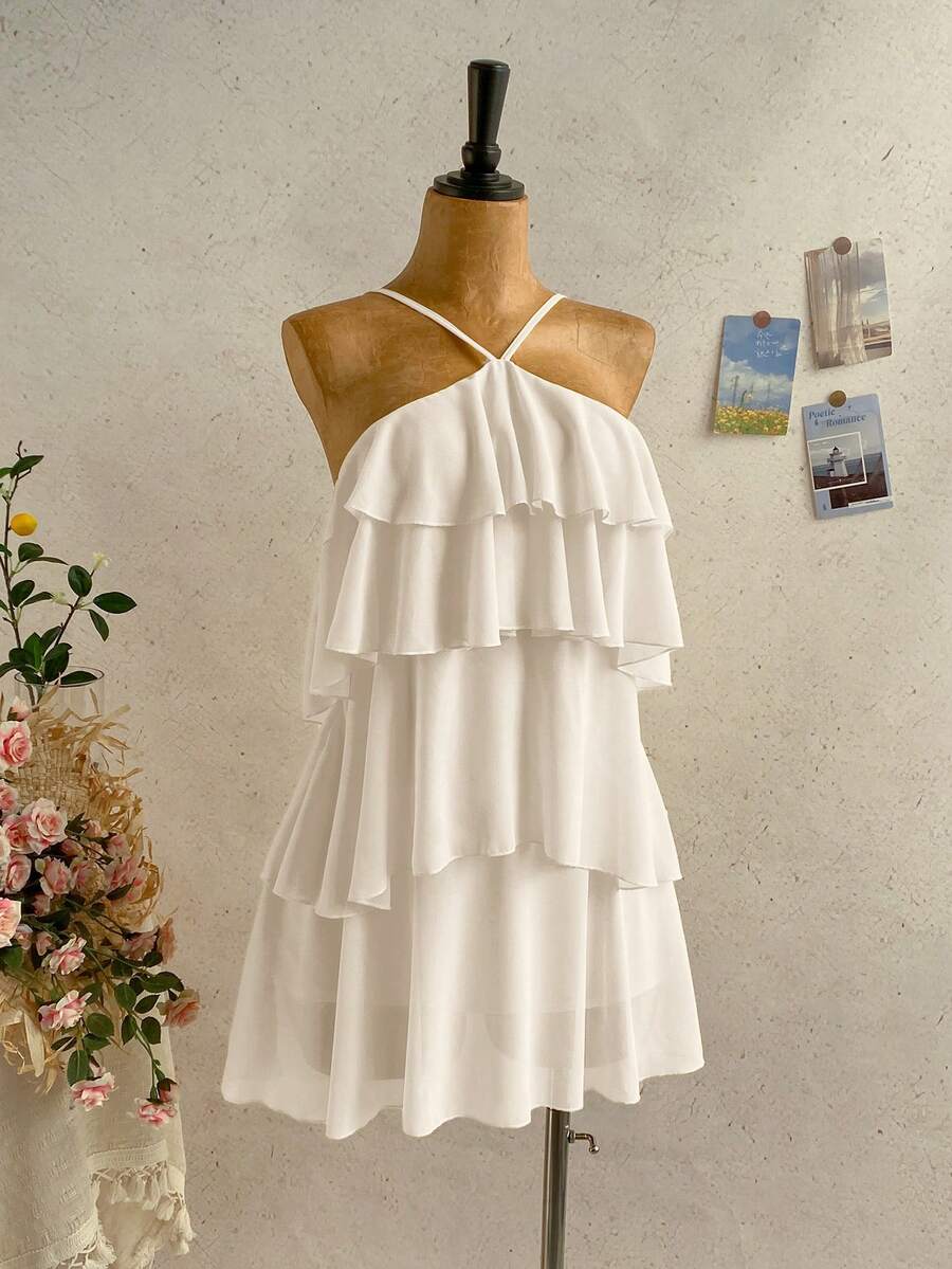 Lovely A-Line Halter Neck Tiered Ruffled Backless White Mini Homecoming Dresses