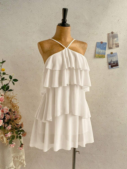 Lovely A-Line Halter Neck Tiered Ruffled Backless White Mini Homecoming Dresses